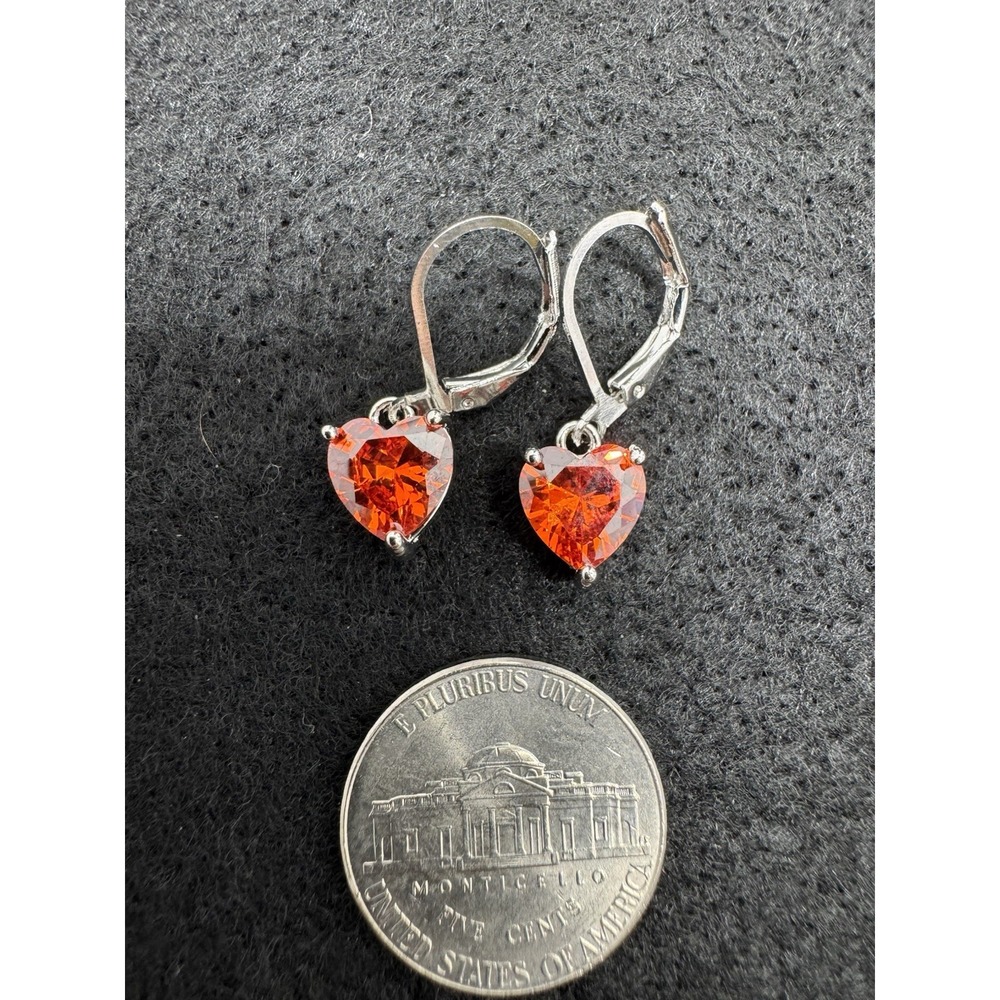 Orange Red Heart Crystal Dangle Earrings Silver Tone Leverback New